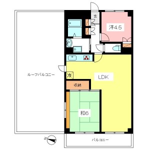 世田谷区千歳台4丁目のルーフバルコニー付2LDK賃貸マンション間取図